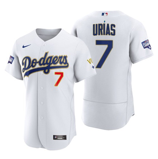 Men's Los Angeles Dodgers #7 Julio Urias White Gold MLB Championship Flex Base Sttiched Jersey